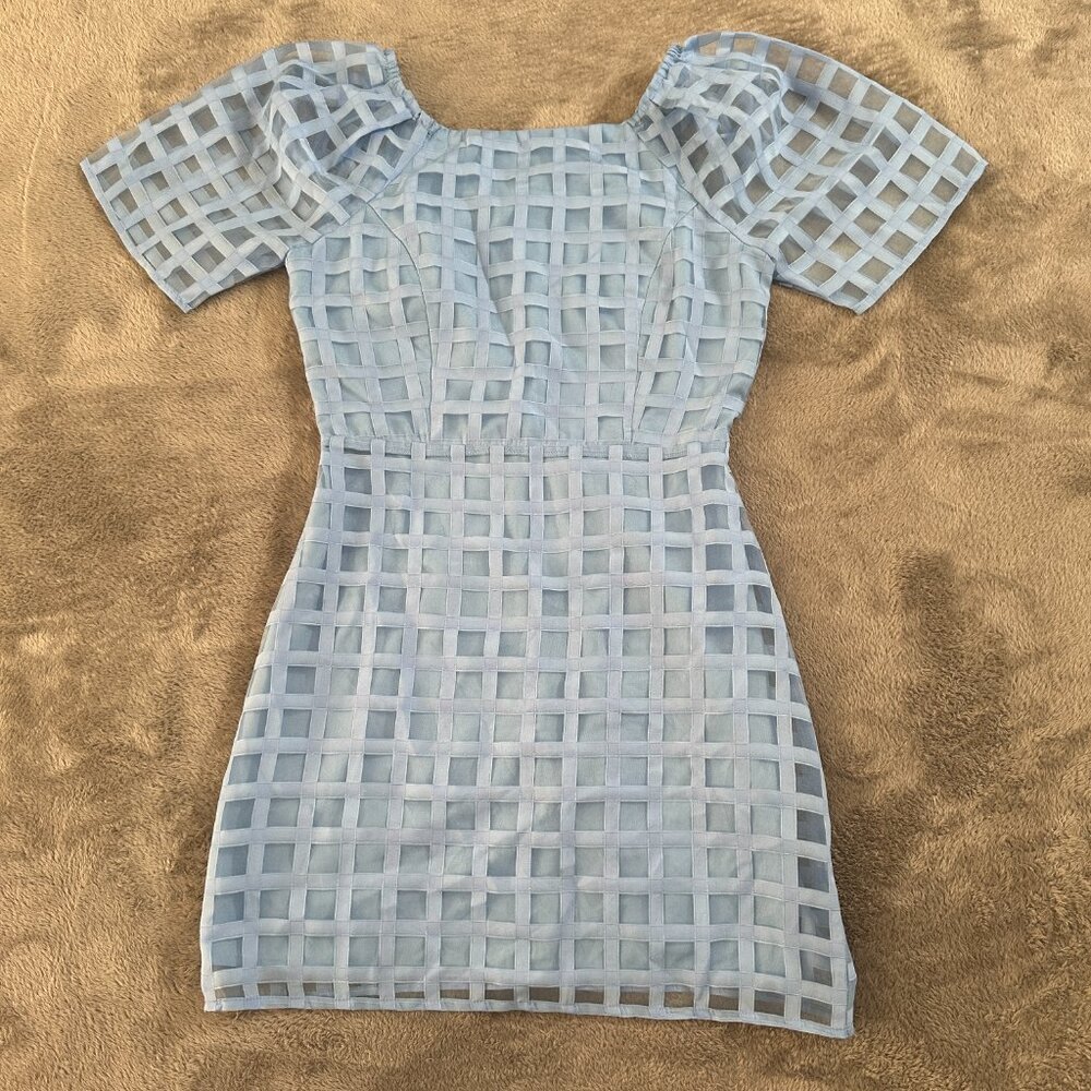 NWT Lost + Wander Baby Blue Grid Mini Dress XS Short Sleeve - Picture 2 of 7